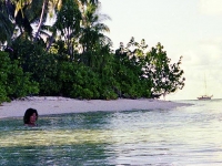 Discovery of our island with Joya anchored in distance